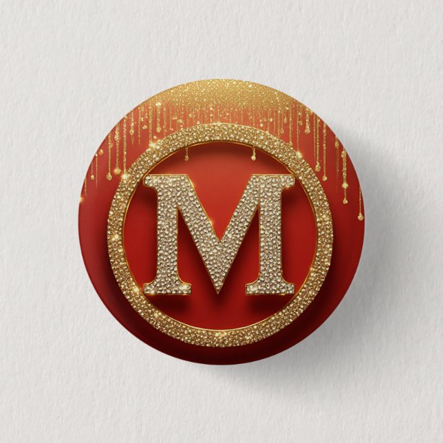 Initial Letter M Gold Glitter Monogram 3 Cm Round Badge (Front)