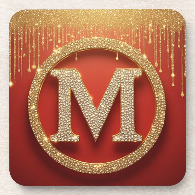 Initial Letter M Gold Glitter Monogram Coaster (Front)