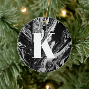 Initial Letter Monogram Black White Ink Marble Ceramic Tree Decoration