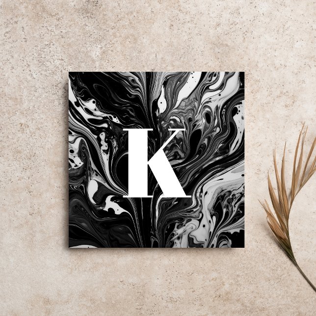 Initial Letter Monogram Black White Ink Marble Square Business Card (Creator Uploaded)