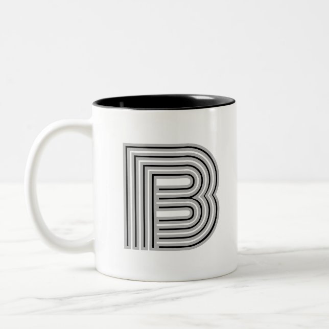 Initial Letter Monogram Black White Modern Stylish Two-Tone Coffee Mug (Left)