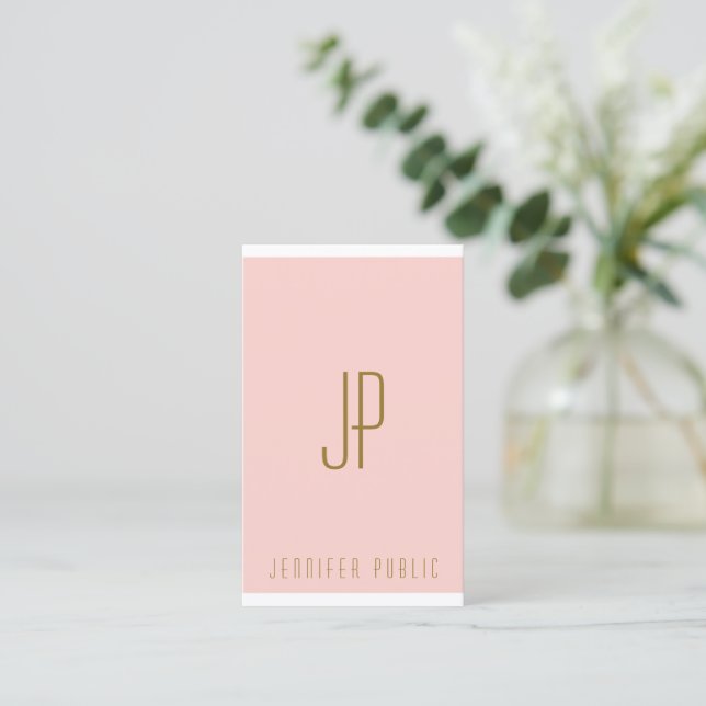 Initial Letter Monogram Blush Pink Gold Vertical Business Card (Standing Front)