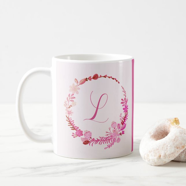 Initial Letter Monogram Elegant Chic Pink Floral Coffee Mug (With Donut)