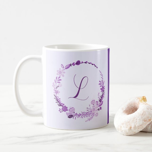 Initial Letter Monogram Elegant Chic Purple Floral Coffee Mug (With Donut)