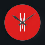 Initial Letter Monogram Modern Style Red White Round Clock<br><div class="desc">Would you like to own a product with the initials of your name? It is very simple,  aesthetic and attractive.</div>