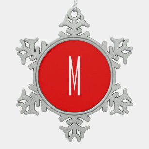 Initial Letter Monogram Modern Style Red White Snowflake Pewter Christmas Ornament