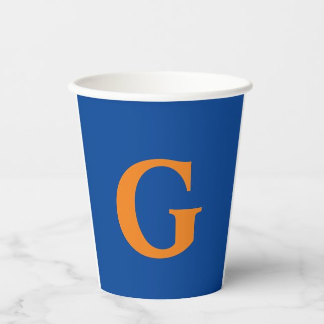 Initial Letter Monogram Modern Stylish Blue Orange Paper Cups (Front)