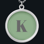 Initial Letter | Monogram Modern Trendy Sage Green Silver Plated Necklace<br><div class="desc">Simple,  stylish custom initial letter monogram necklace in modern minimalist typography in dark grey on sage green. A perfect custom gift or fashion accessory with a personal touch!</div>