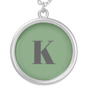 Initial Letter   Monogram Modern Trendy Sage Green Silver Plated Necklace