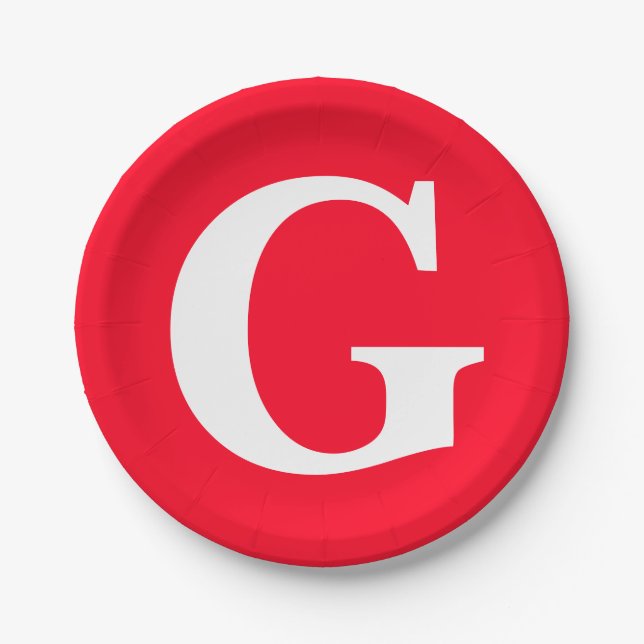 Initial Letter Monogram Red White Plain Simple Paper Plate (Front)