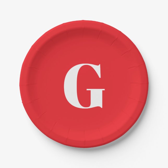 Initial Letter Monogram Red White Plain Simple Paper Plate (Front)