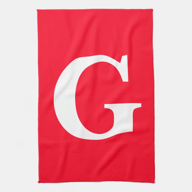 Initial Letter Monogram Red White Plain Simple Tea Towel (Vertical)
