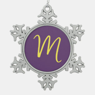 Initial Letter Monogram Stylish Indigo Yellow Snowflake Pewter Christmas Ornament