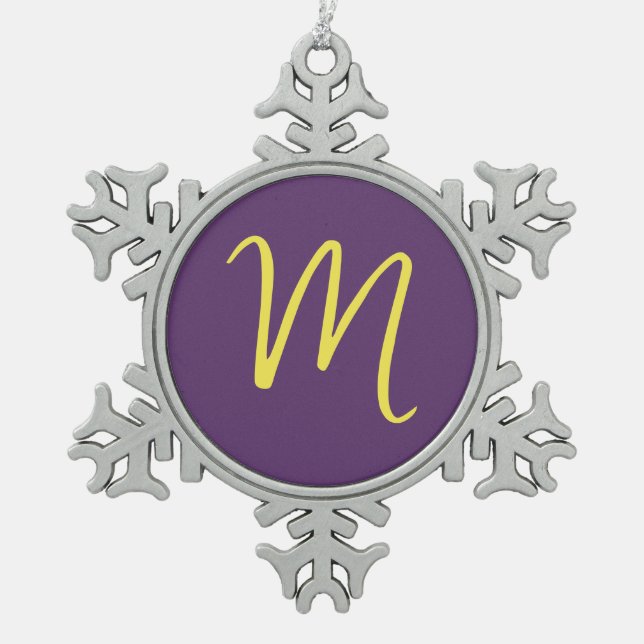 Initial Letter Monogram Stylish Indigo Yellow Snowflake Pewter Christmas Ornament (Front)