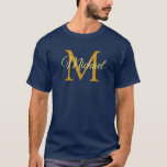 Initial Letter Name Monogram Men's Navy Blue Gold T-Shirt<br><div class="desc">Customise Monogram Initial Letter Name Men's Template Elegant Trendy Navy Blue Gold Basic Long Sleeve T-Shirt.</div>