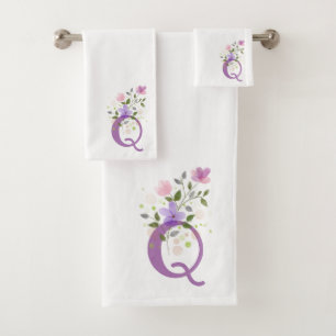 Initial Letter Q Plus Floral Design Bath Towel Set