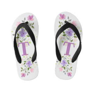 Initial Letter T Plus Floral Design Kid's Jandals