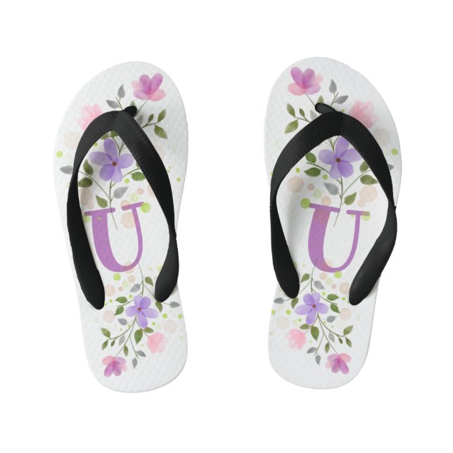 Initial Letter U Plus Floral Design Kid's Jandals (Footbed)