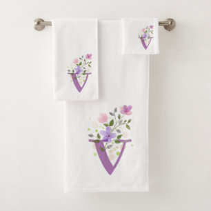 Initial Letter V Plus Floral Design Bath Towel Set