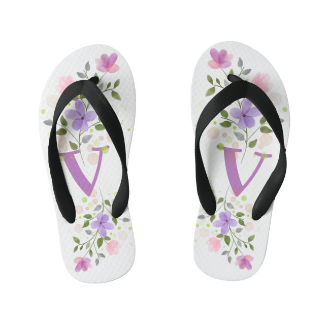 Initial Letter V Plus Floral Design Kid's Jandals (Footbed)