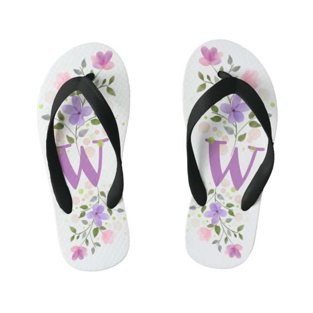 Initial Letter W Plus Floral Design Kid's Jandals (Footbed)