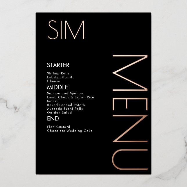 Initial Logo Wedding Pressed Rose Gold Menu Cards (Front)
