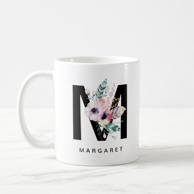 Initial 'M' Alphabet Mug Monogram Boho Watercolour (Left)