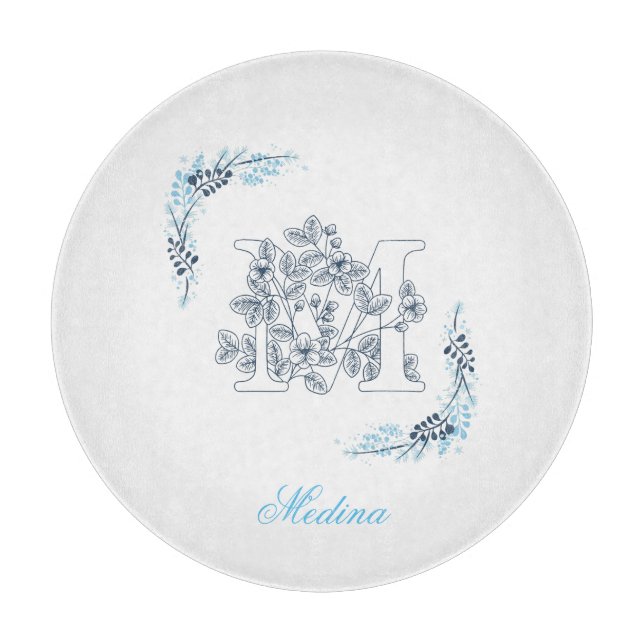 Initial "M" Blue Monogram Calm Floral Cutting Board (Front)