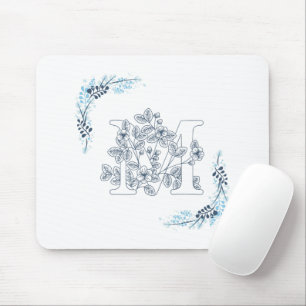 Initial "M" Blue Monogram Calm Floral Mouse Pad