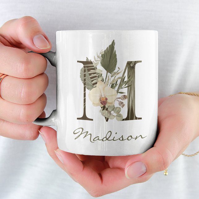 Initial M Boho Floral Orchid Greenery Custom Name Coffee Mug (This mug has your name on it, literally! Enjoy the lovely floral orchid design and make it yours.)