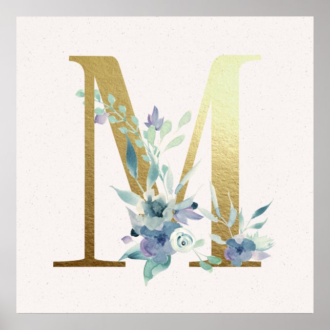 Initial M Golden and Blue Floral Monogram Poster (Front)