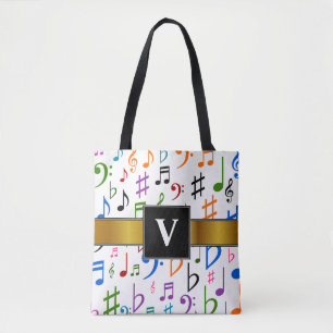 Initial + Many Colourful Music Notes and Symbols Tote Bag