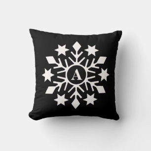 Initial Modern Black White Christmas Snowflake Cushion