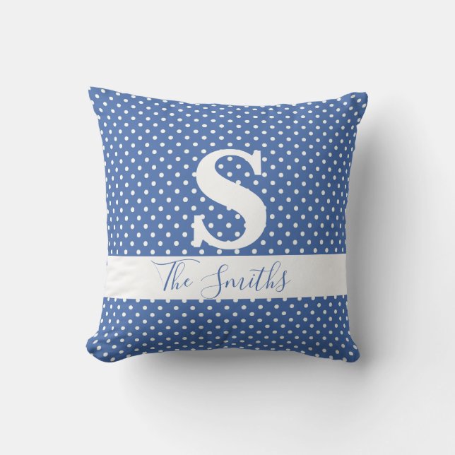 Initial Monogram Blue and White Dot Throw Pillow (Front)