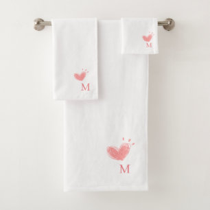 Initial Monogram Blush Pink Vintage Heart Bath Towel Set