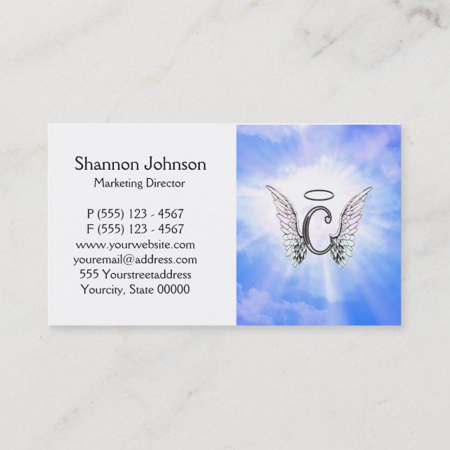 Initial Monogram C With Angel Wings, Halo Clouds Business Card (Back)