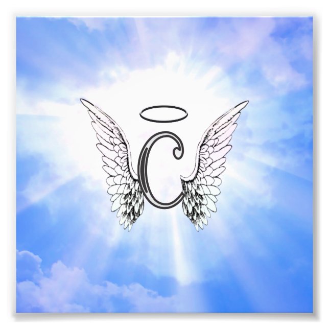 Initial Monogram C With Angel Wings, Halo Clouds Photo Print (Front)