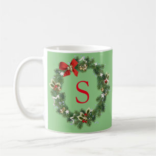 Initial Monogram Christmas Wreath Coffee Mug