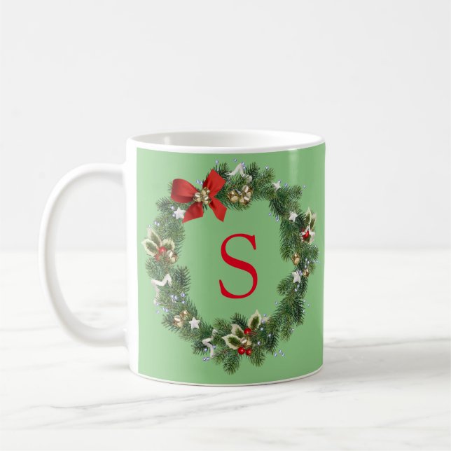 Initial Monogram Christmas Wreath   Coffee Mug (Left)