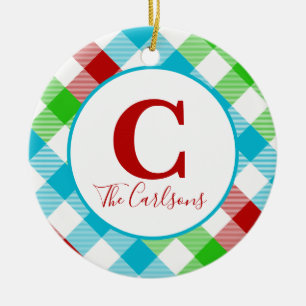 Initial Monogram Festive Plaid Photo Ceramic Tree Decoration