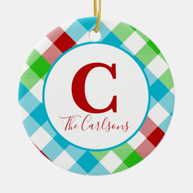 Initial Monogram Festive Plaid Photo Ceramic Tree Decoration (Front)