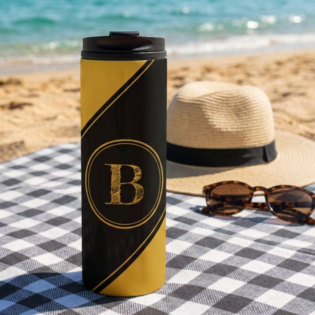Initial Monogram Geometric Diagonal Black Gold Thermal Tumbler (Black and gold thermal tumbler with initial letter monogram template text.)