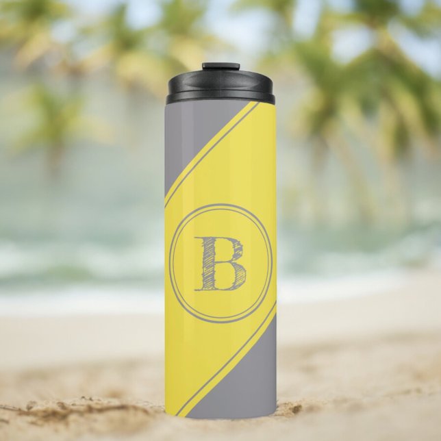 Initial Monogram Geometric Diagonal Grey Yellow Thermal Tumbler (tumbler insitu on the beach)