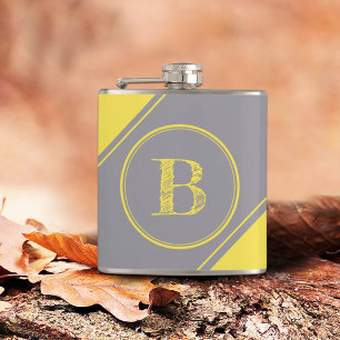 Initial Monogram Geometric Diagonal Yellow Grey Hip Flask