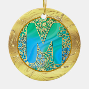 Initial Monogram M Christmas - Gold, Teal & Blue Ceramic Tree Decoration