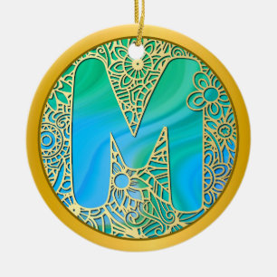  Initial Monogram M Christmas - Gold, Teal & Blue Ceramic Tree Decoration