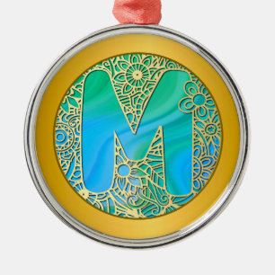  Initial Monogram M Christmas - Gold , Teal & Blue Metal Tree Decoration