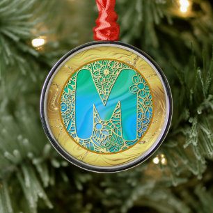  Initial Monogram M Christmas - Gold, Teal & Blue Metal Tree Decoration
