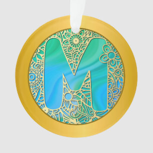 Initial Monogram M Christmas - Gold, Teal & Blue Ornament