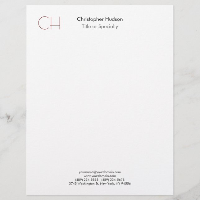 Initial Monogram Modern Minimalist Plain Simple Custom Letterhead (Front)